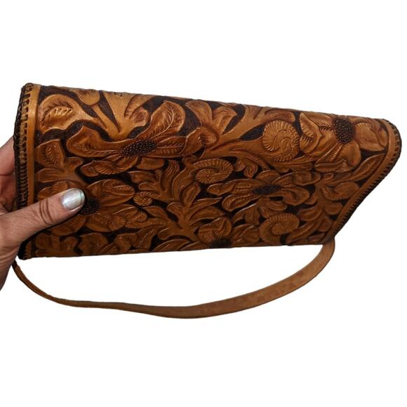 Vintage Hand Tooled Leather Hand Bag Floral Leaf Pattern - Picture 5 of 9